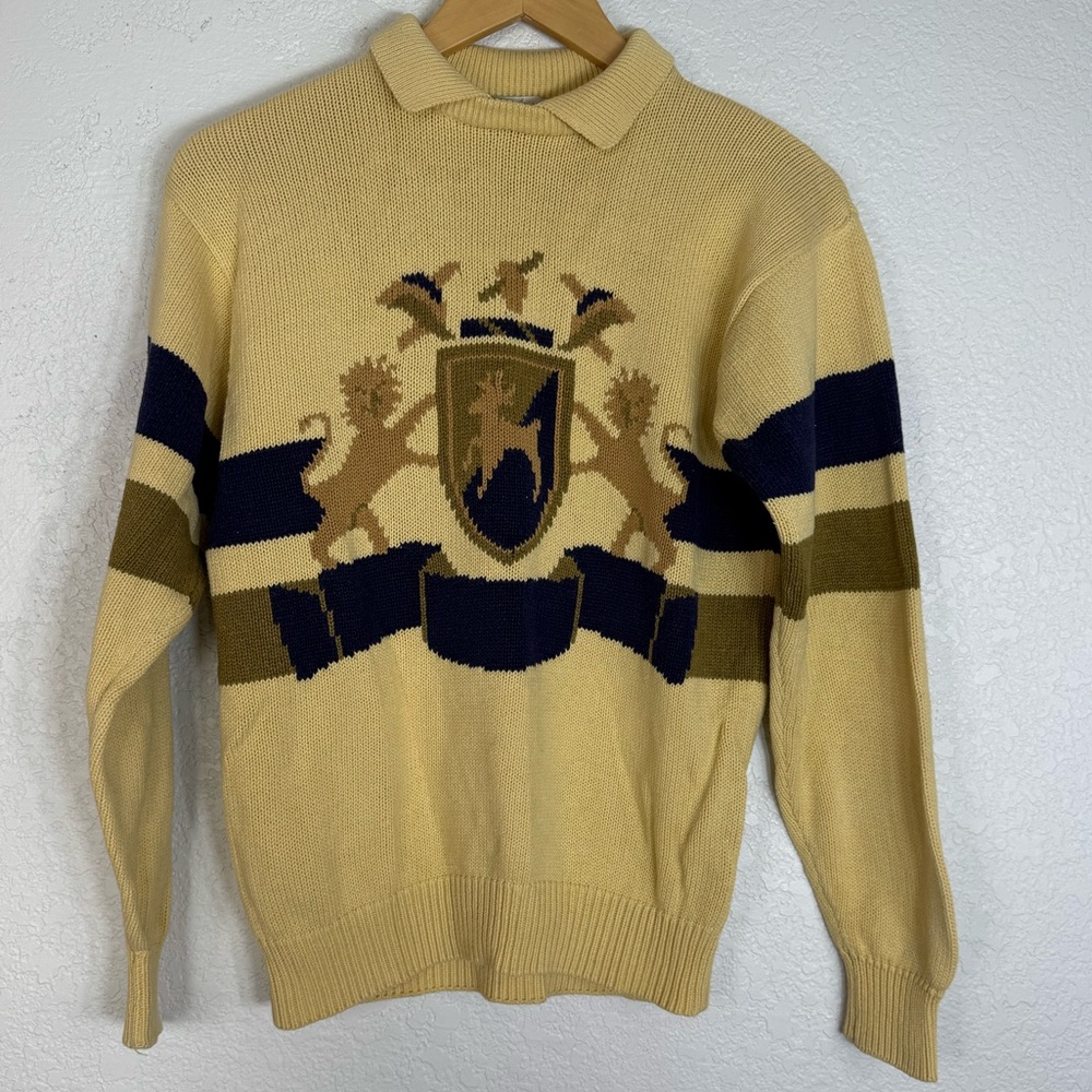 Vintage Izod Club Cotton Collared Yellow and Navy Crest Sweater Academia 90s